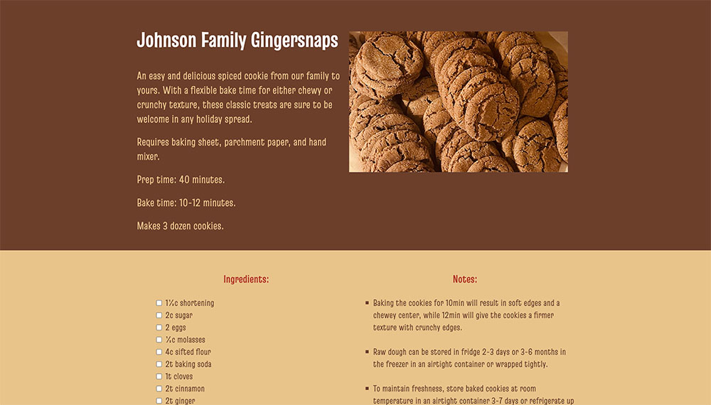 screenshot of recipe site